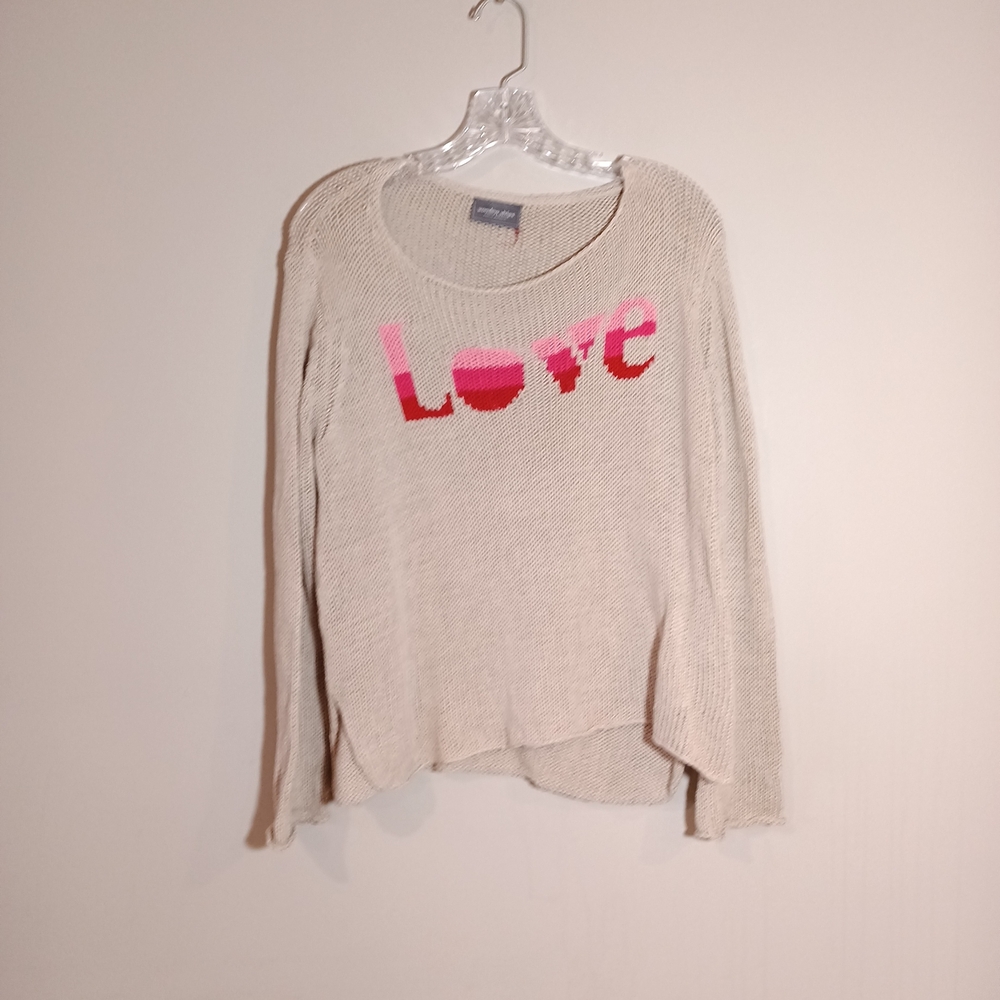 Wooden Ships Vintage Khaki w/ Red Fuschia & Pink LOVE Open Crew Neck Sweater S/M